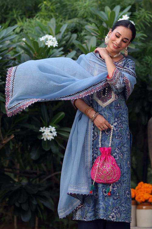 Light Blue Kotadoriya Dupatta With Gota Borders