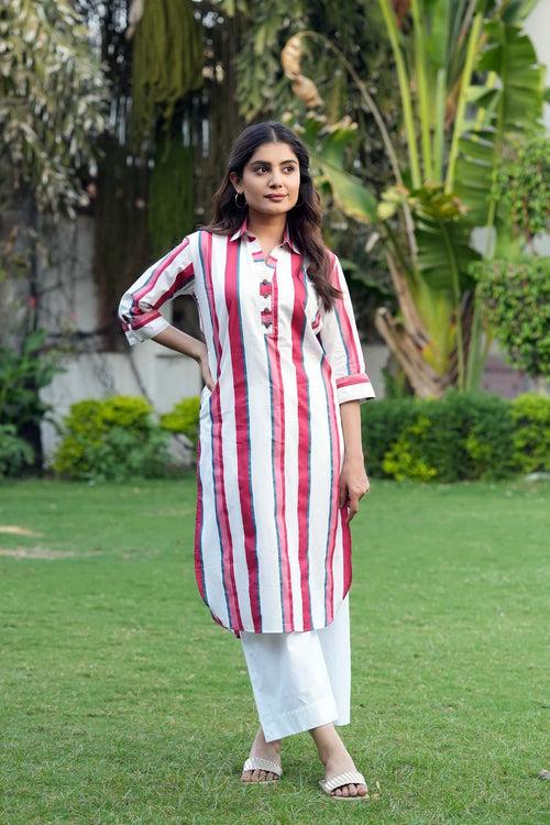 White Striped Kurta/Pant Set In Pure Cotton