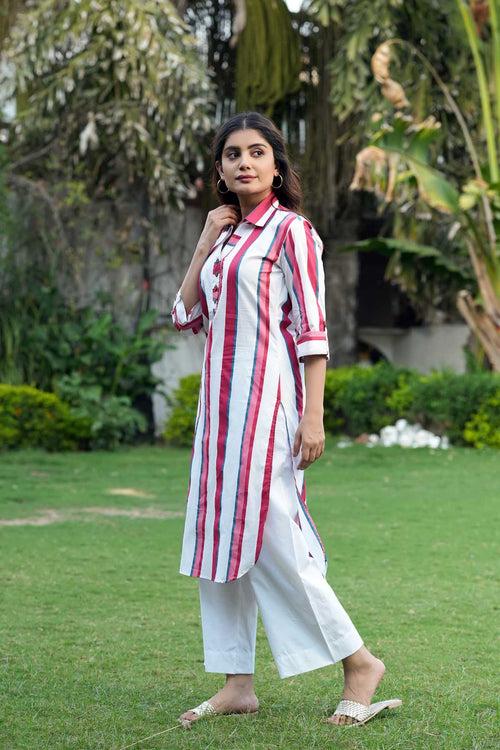 White Striped Kurta/Pant Set In Pure Cotton