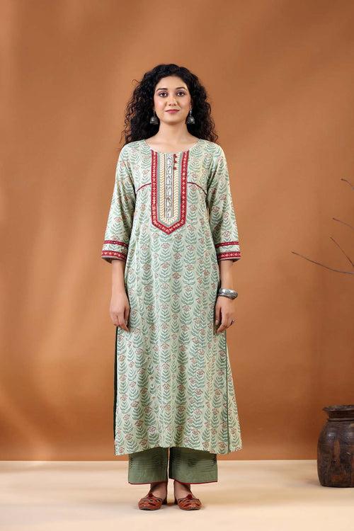 Olive Green Straight Fit Kurta In Mulmul Cotton Fabric