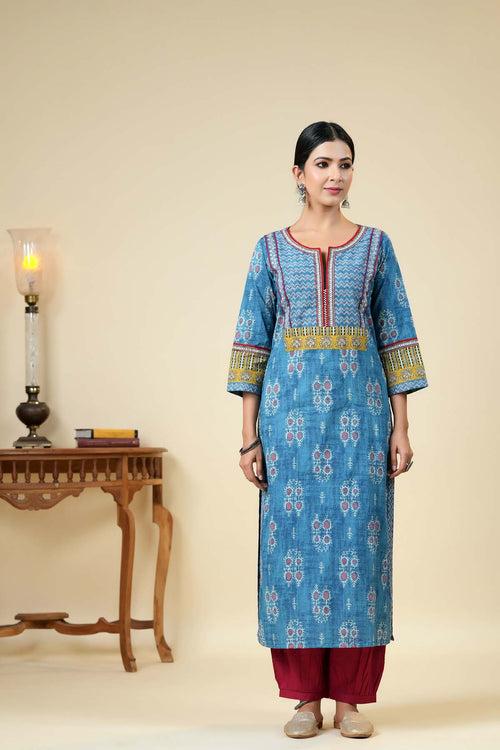 Blue Straight Fit Long Length Kurta