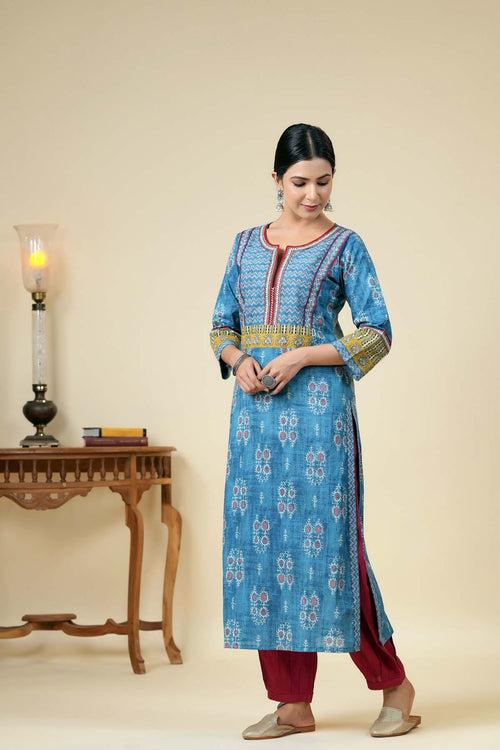 Blue Straight Fit Long Length Kurta