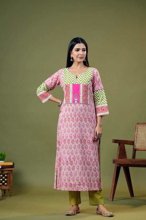 Long Length A-Line Kurta In Pink Handblock Cotton