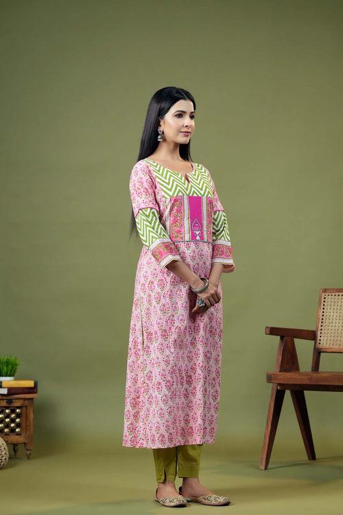 Long Length A-Line Kurta In Pink Handblock Cotton