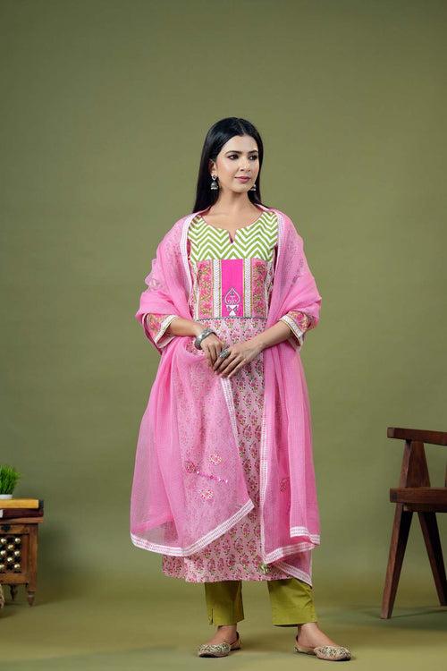 Long Length A-Line Kurta In Pink Handblock Cotton