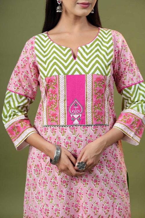 Long Length A-Line Kurta In Pink Handblock Cotton