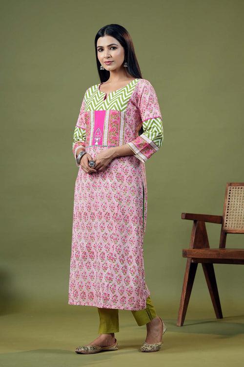 Long Length A-Line Kurta In Pink Handblock Cotton