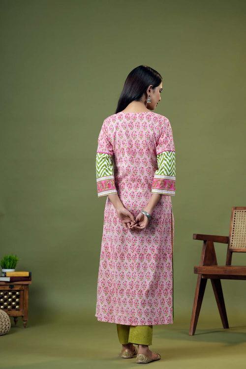 Long Length A-Line Kurta In Pink Handblock Cotton