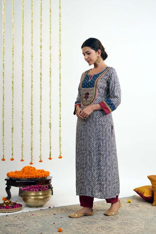 Blue Striped Straight Fit Kurta In Modal Silk