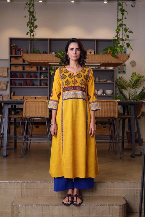 Mustard Yellow A-Line Kurta In Handloom Cotton