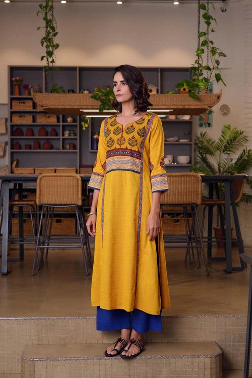 Mustard Yellow A-Line Kurta In Handloom Cotton