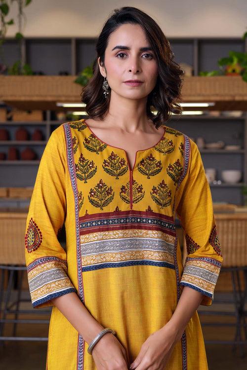 Mustard Yellow A-Line Kurta In Handloom Cotton