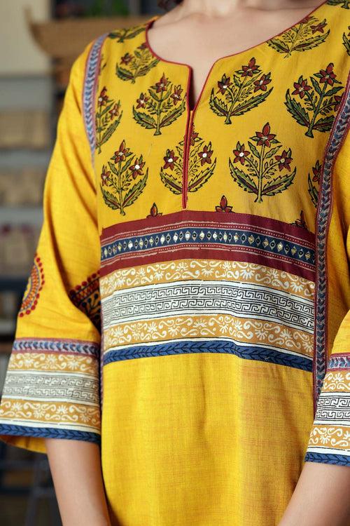 Mustard Yellow A-Line Kurta In Handloom Cotton