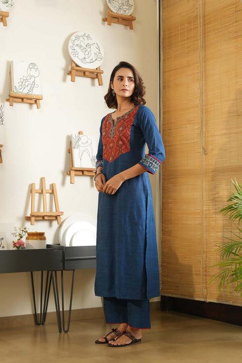 Deep Blue Long Length A-Line Kurta In Handloom Cotton