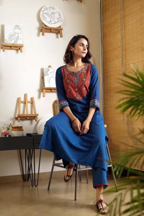 Deep Blue Long Length A-Line Kurta In Handloom Cotton