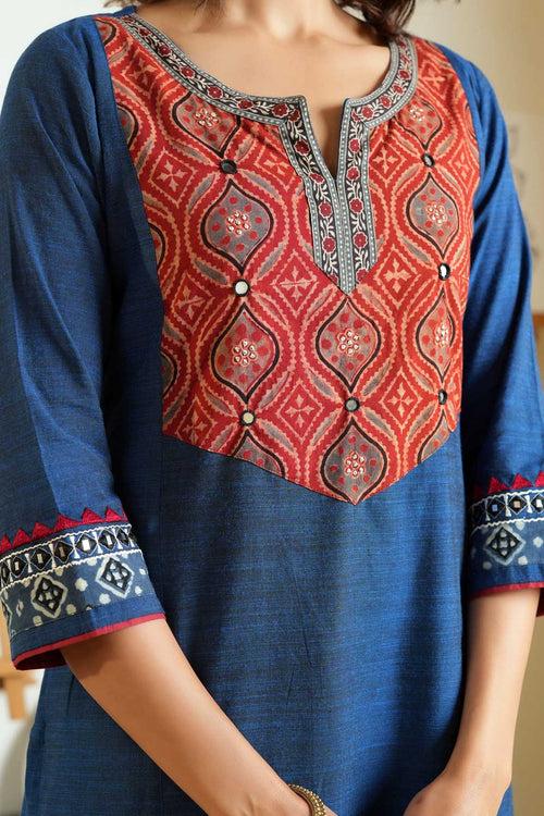 Deep Blue Long Length A-Line Kurta In Handloom Cotton