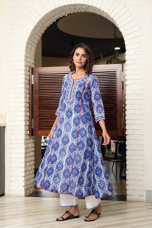 Long Length A-Line Kurta In Hand Block Cotton