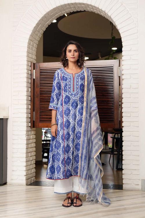 Long Length A-Line Kurta In Hand Block Cotton