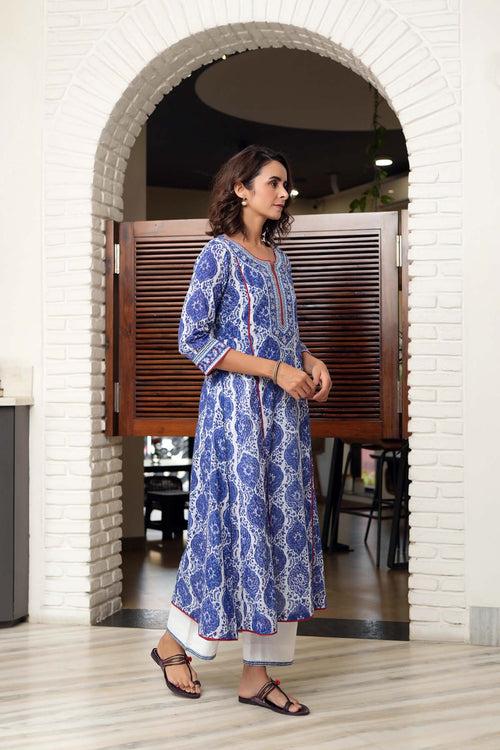 Long Length A-Line Kurta In Hand Block Cotton