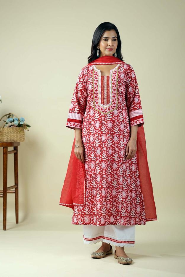 Red A-Line Kurta In Hand Block Cotton Fabric