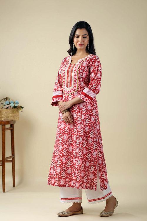 Red A-Line Kurta In Hand Block Cotton Fabric