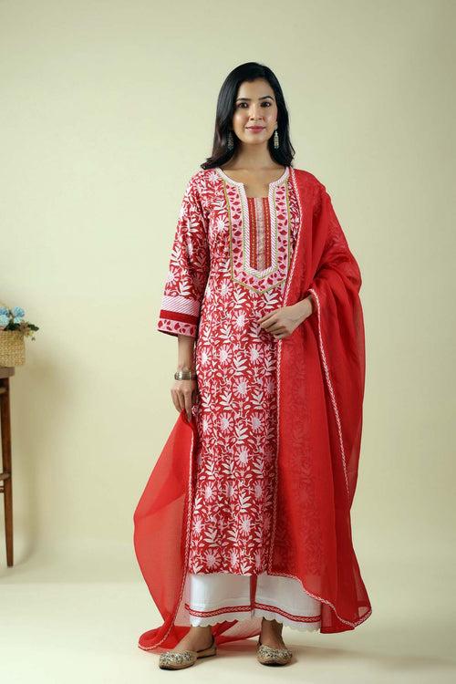 Red A-Line Kurta In Hand Block Cotton Fabric