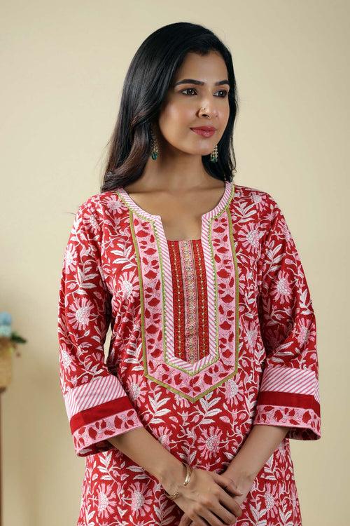 Red A-Line Kurta In Hand Block Cotton Fabric