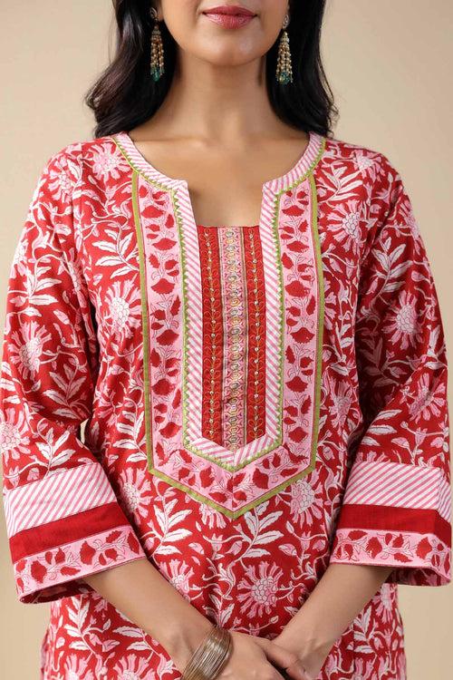 Red A-Line Kurta In Hand Block Cotton Fabric