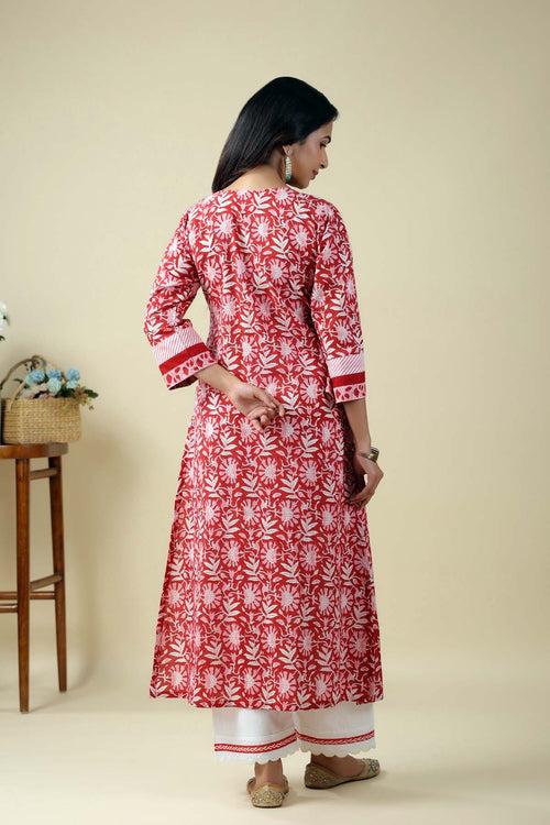 Red A-Line Kurta In Hand Block Cotton Fabric