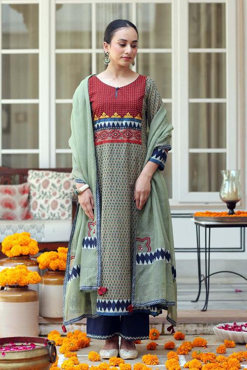 Mehndi Green A-Line Kurta In Cotton Fabric