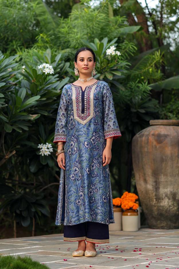 Straight Fit Blue Hand Block Printed Kurta In Chanderi Fabric