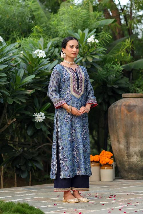 Straight Fit Blue Hand Block Printed Kurta In Chanderi Fabric