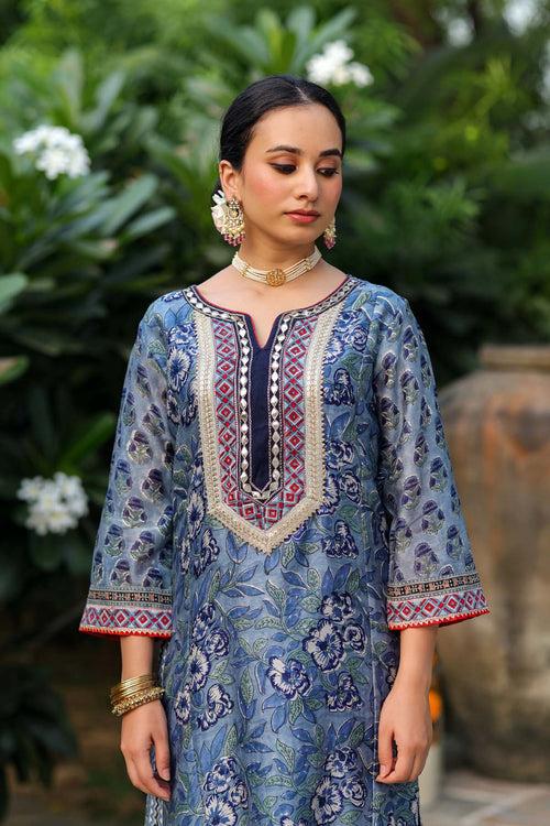 Straight Fit Blue Hand Block Printed Kurta In Chanderi Fabric