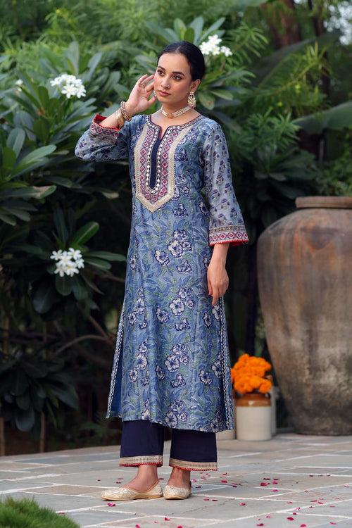 Straight Fit Blue Hand Block Printed Kurta In Chanderi Fabric