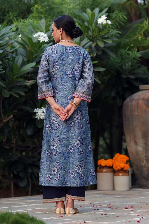 Straight Fit Blue Hand Block Printed Kurta In Chanderi Fabric