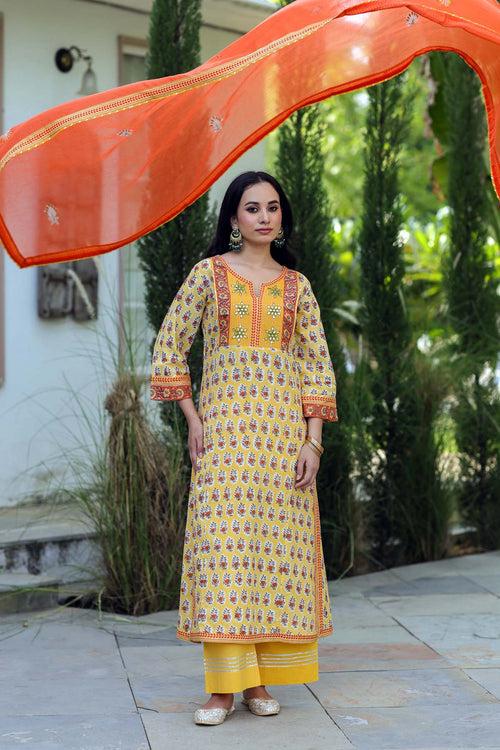 Lemon Yellow A-line Kurta In Handblock Cotton Fabric