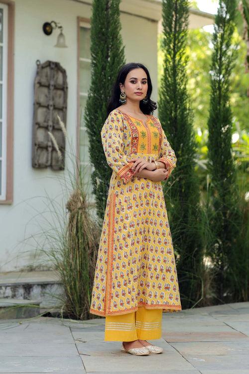 Lemon Yellow A-line Kurta In Handblock Cotton Fabric