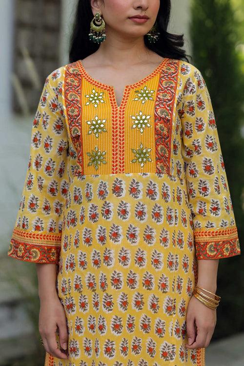 Lemon Yellow A-line Kurta In Handblock Cotton Fabric