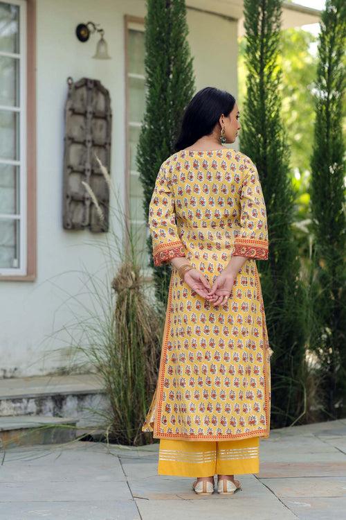 Lemon Yellow A-line Kurta In Handblock Cotton Fabric