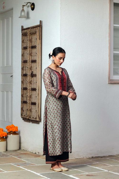 Olive Green Hand Block Printed Chanderi Kurta