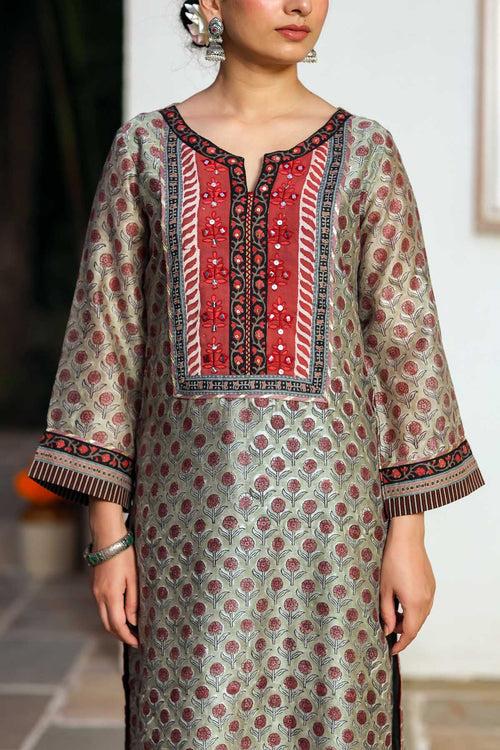 Olive Green Hand Block Printed Chanderi Kurta