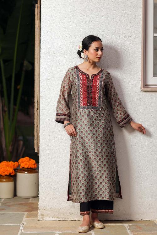 Olive Green Hand Block Printed Chanderi Kurta