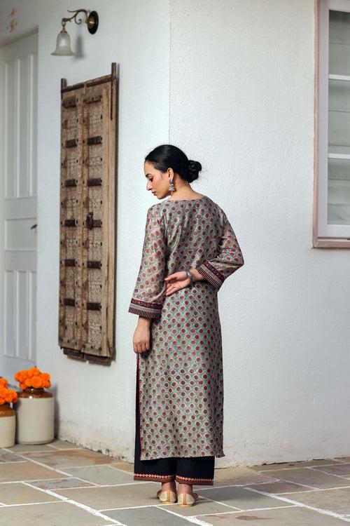 Olive Green Hand Block Printed Chanderi Kurta