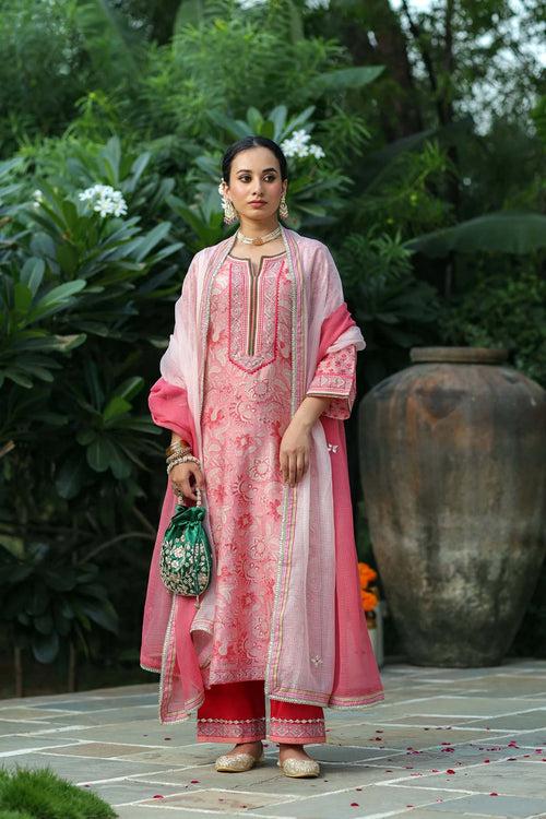 Straight Fit Pink Hand Block Printed Kurta In Chanderi Fabric