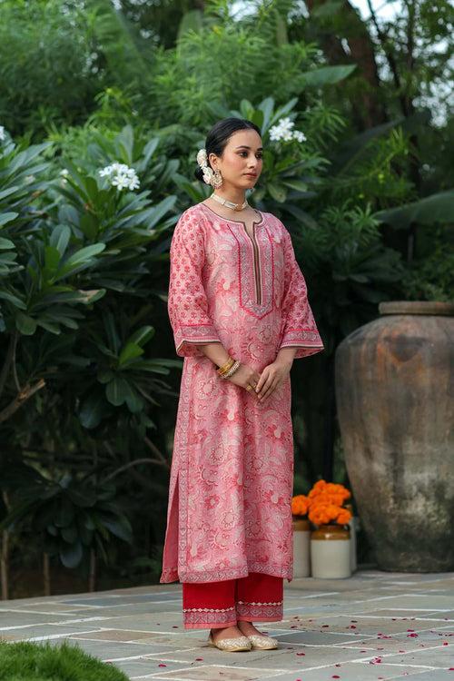 Straight Fit Pink Hand Block Printed Kurta In Chanderi Fabric