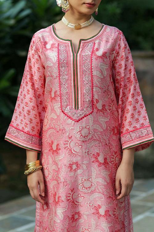 Straight Fit Pink Hand Block Printed Kurta In Chanderi Fabric