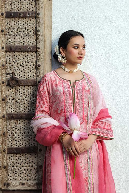 Straight Fit Pink Hand Block Printed Kurta In Chanderi Fabric