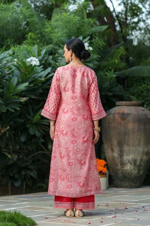 Straight Fit Pink Hand Block Printed Kurta In Chanderi Fabric