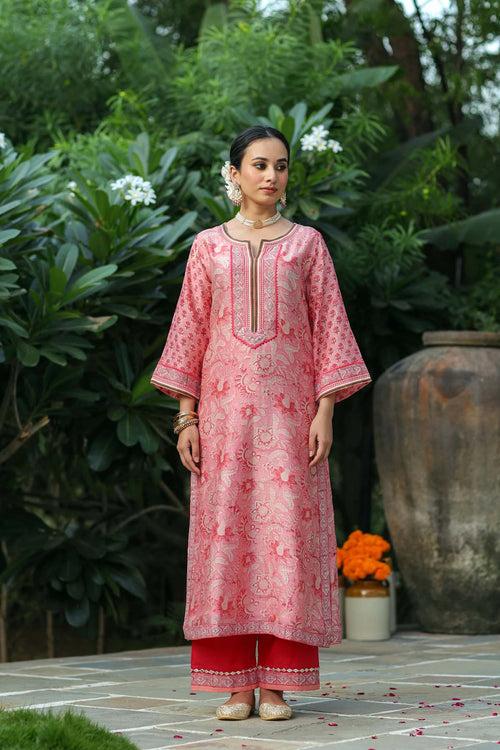 Straight Fit Pink Hand Block Printed Kurta In Chanderi Fabric