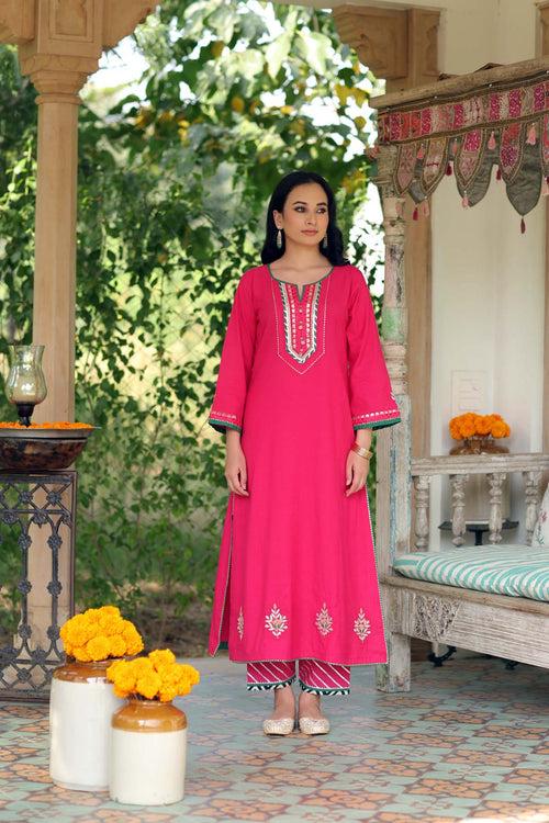 Rani Color A-Line Kurta In Handloom Cotton